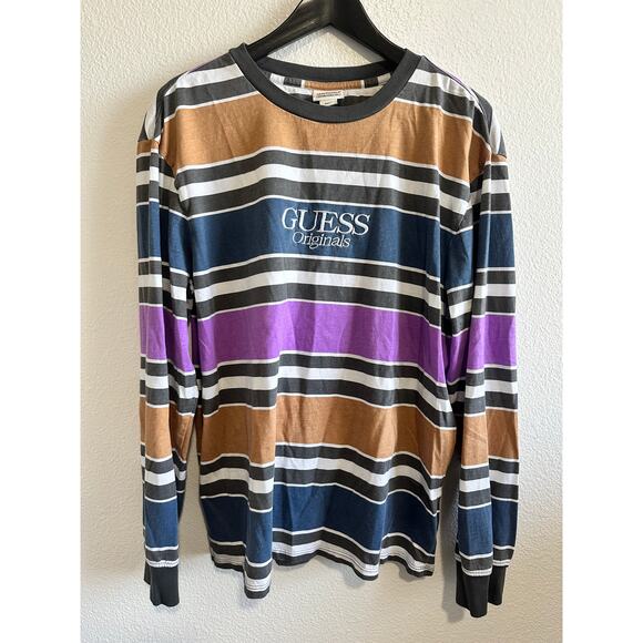 Guess Originals Mens Block Stripe Long Sleeve Retro Inspired Shirt Size M - Picture 1 of 6